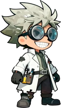 Milton, the Word Run scientist runner with wild gray hair, goggles, and a lab coat